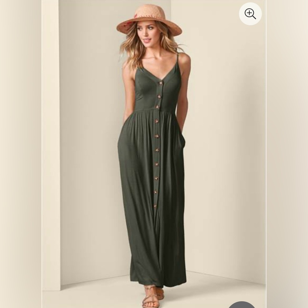 Button Front Soft Stretchy Maxi Dress - Olive Green - 3X